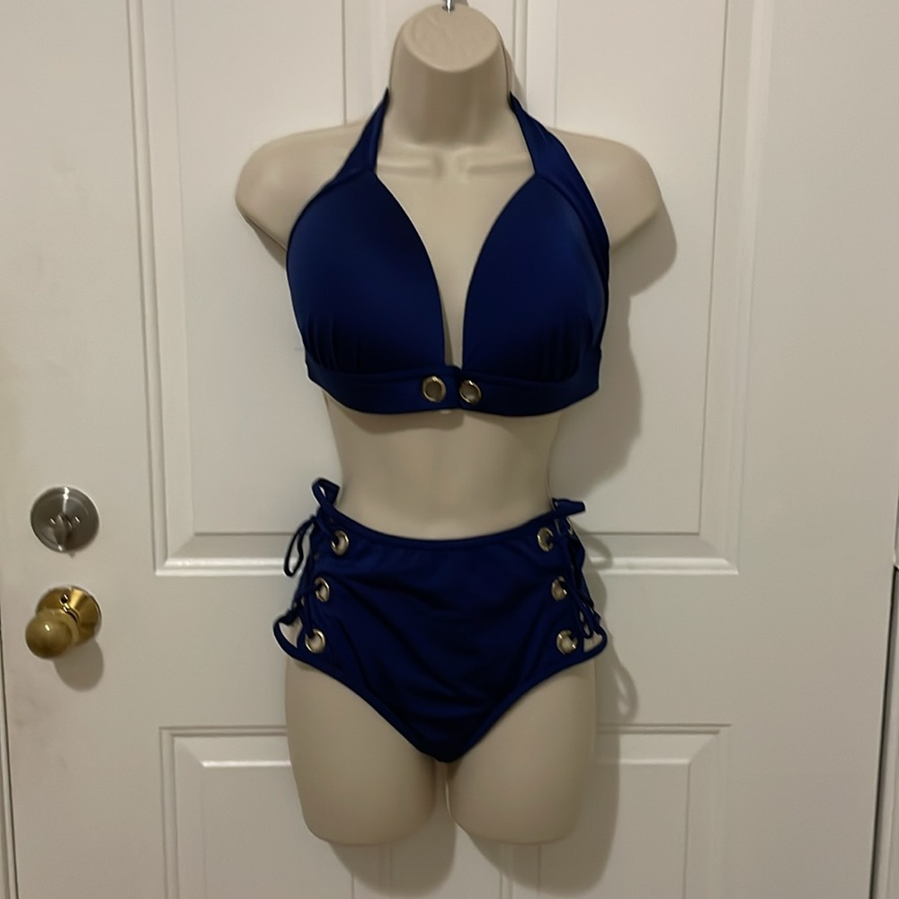 Navy blue bikini halter top high waisted bottoms with full coverage